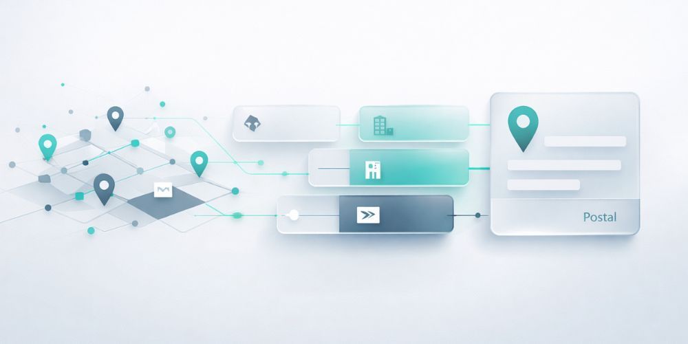 Map with location markers connected by lines, indicating delivery route, leading to a package detail screen.