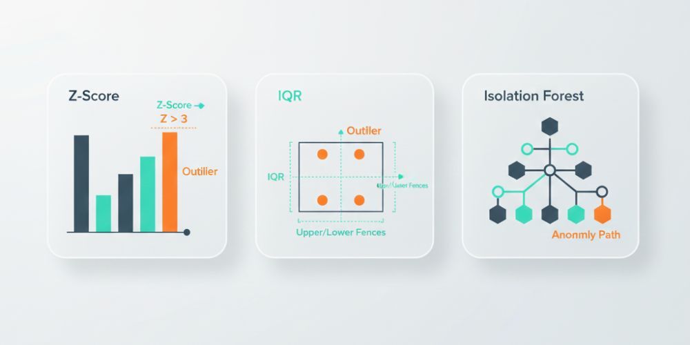 Diagrams illustrating outlier detection methods: Z-Score, IQR, and Isolation Forest.