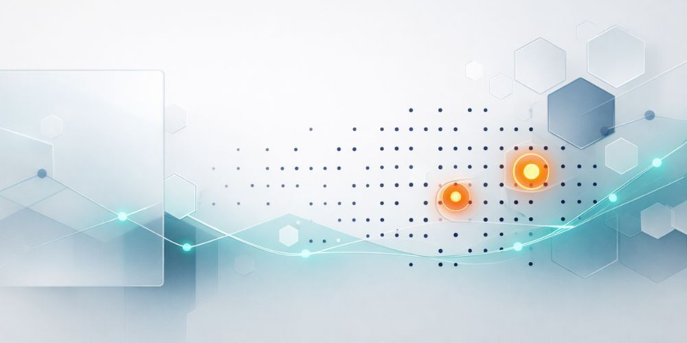 Abstract digital graphic with hexagons, dots, and glowing lines, set against a light blue background.