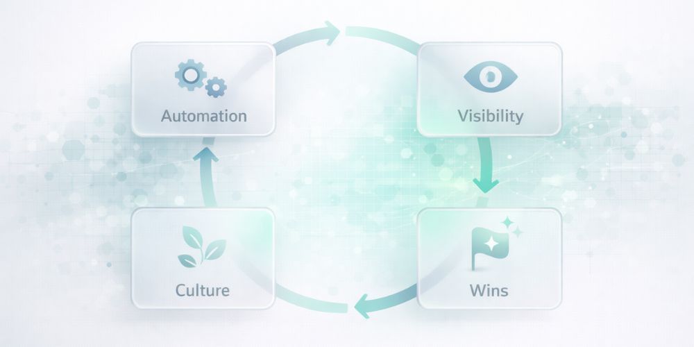 Diagram showing a circular process with the stages of automation, visibility, wins, and culture.