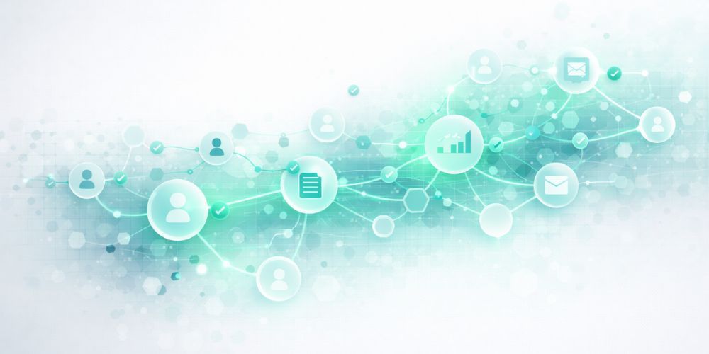 Abstract illustration of connected circles and icons on a light blue and white background, representing networking or data flow.