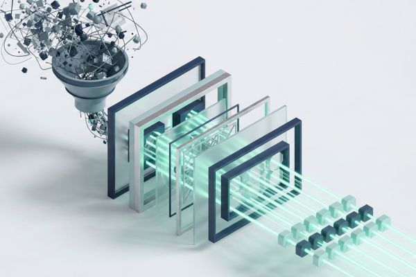 Data filtering process: A funnel pours data through layers, emerging as clean lines. Green light beams.