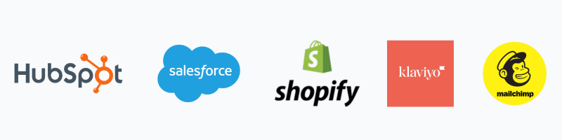 Logos for HubSpot, Salesforce, Shopify, Klixx, and Mailchimp.