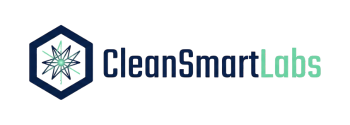 CleanSmartLabs logo: dark blue hexagon with a white and teal starburst, and text