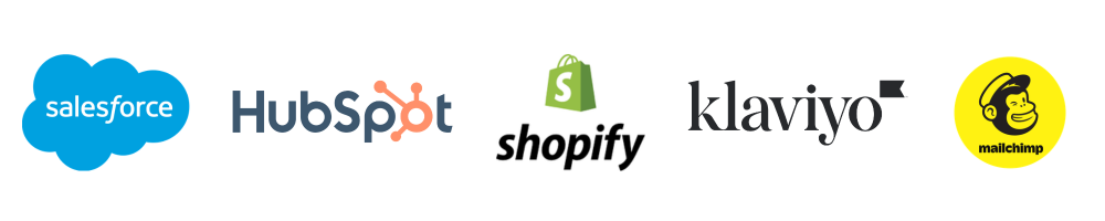 Logos of HubSpot, Salesforce, Shopify, Klaviyo, and Mailchimp on a white background