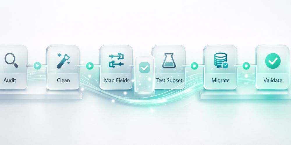 Workflow diagram: Audit, Clean, Map Fields, Test Subset, Migrate, and Validate, with light blue arrows.