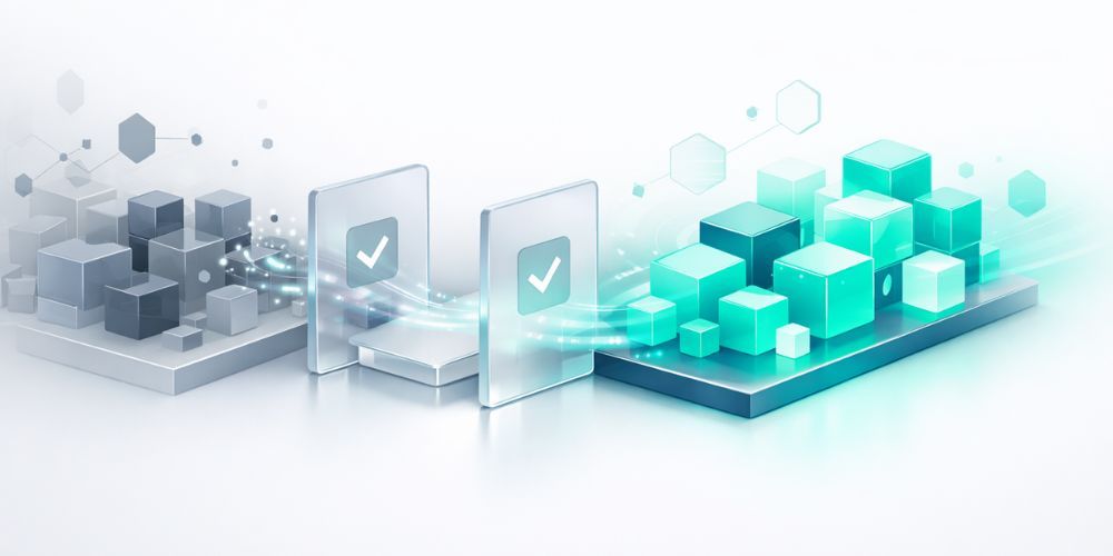 Data transformation illustration, showing data flow from gray blocks to green blocks, passing through verification gates.