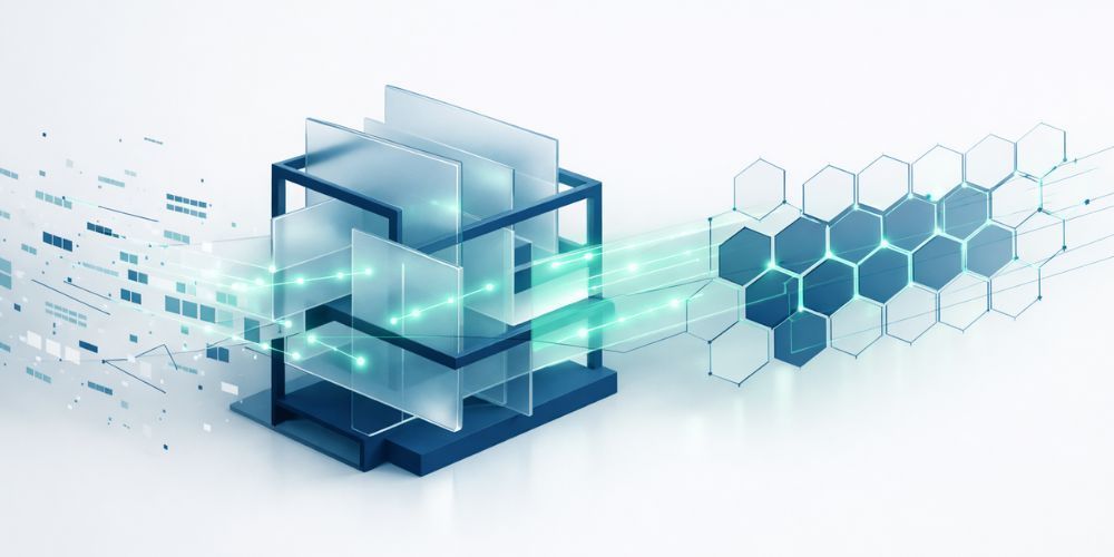 Abstract illustration of data processing: a cube with data streams connecting to a honeycomb structure, all in shades of blue and white.