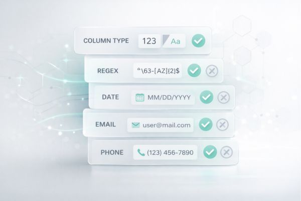Stacked interface with data validation options: column type, regex, date, email, and phone, each with a checkmark or an 