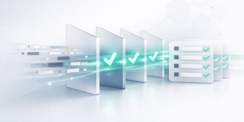 Digital workflow with glowing checkmarks moving through square panels to complete a checklist.