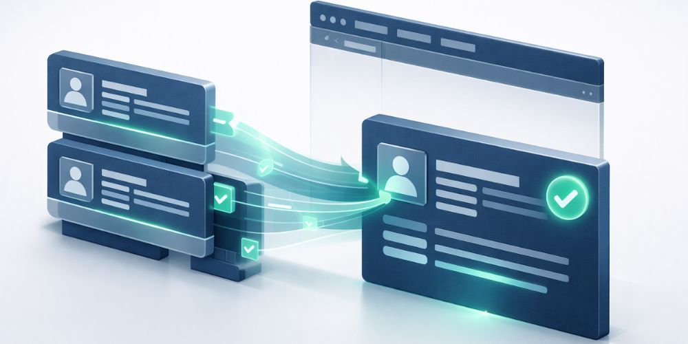 Data transfer concept: profile cards transferring information to a browser window, represented by glowing green lines.