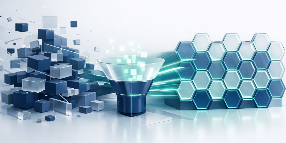 Abstract data processing concept with cubes, funnel, and hexagonal structure.