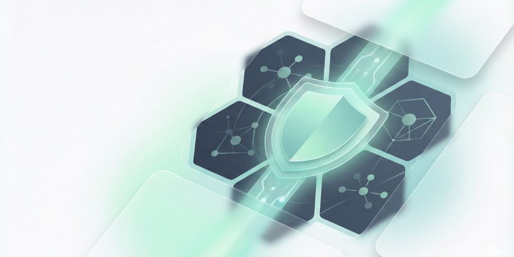 Digital shield over a network of hexagons and circuits, with a green gradient.