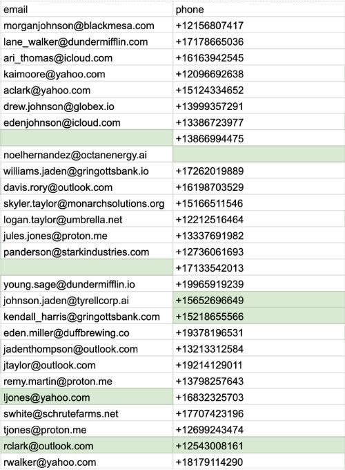 A spreadsheet with email addresses and corresponding phone numbers.