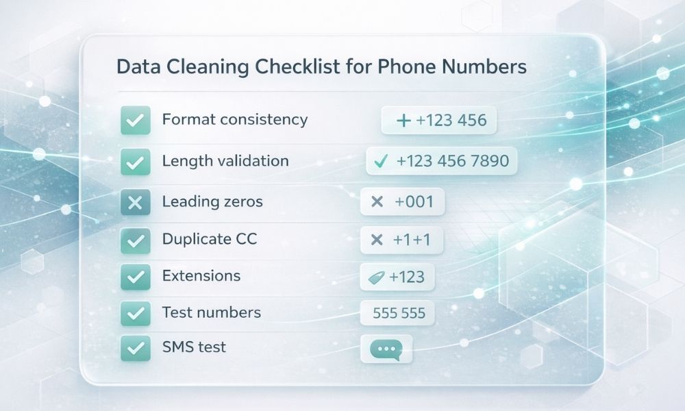 Data cleaning checklist for phone numbers: format consistency, length validation, leading zeros, duplicate CC, extensions, test numbers, and SMS test.
