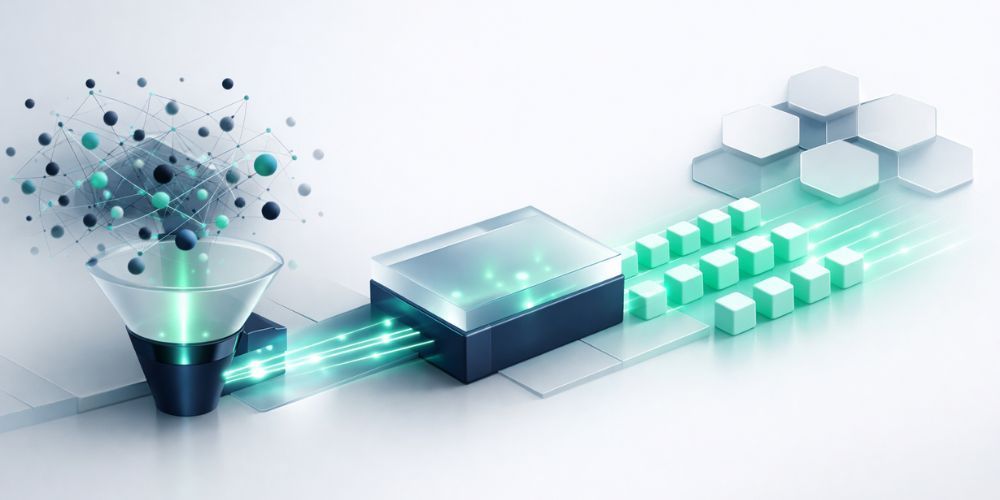 Abstract illustration of data processing: data flows through a funnel, a box, and into a block and hexagon structure.