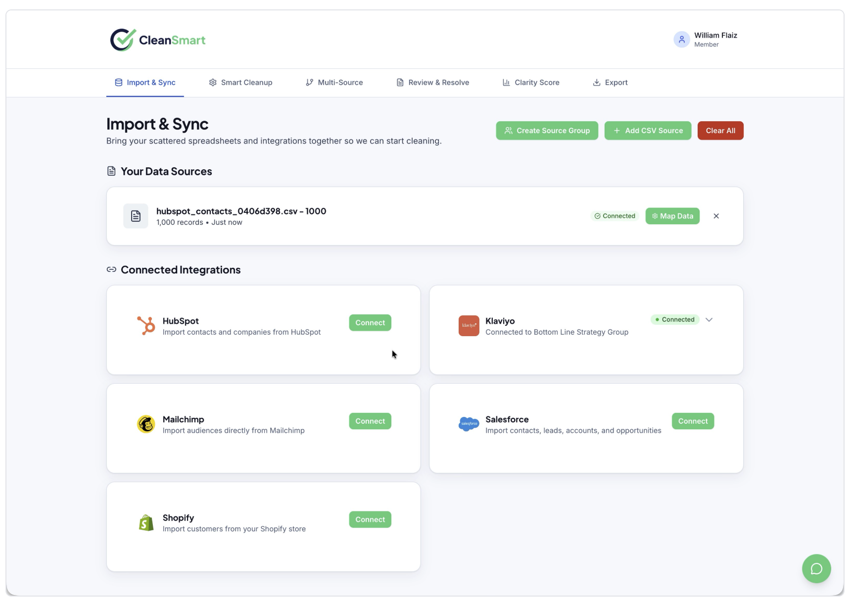 Web dashboard for importing and syncing data, with source cards and green action buttons
