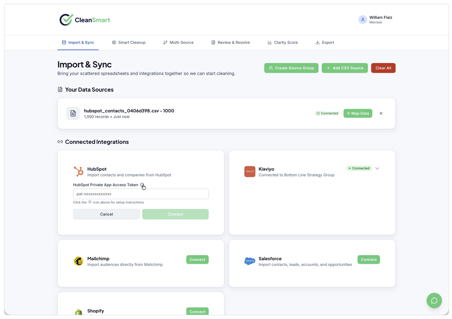 Web app dashboard titled “Import & Sync” showing data import cards and green action buttons