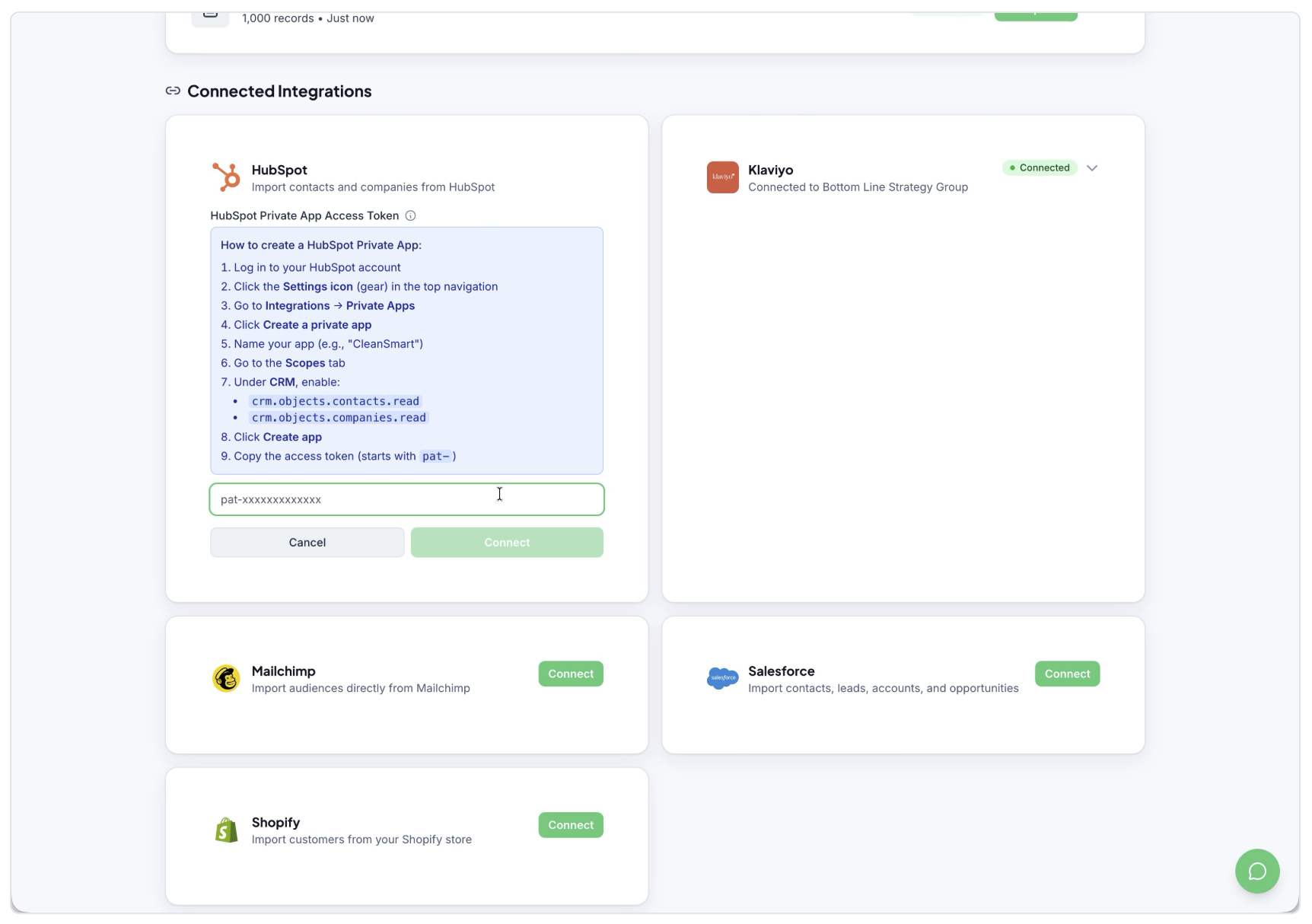 A web app dashboard showing integrations, with cards and green action buttons on a light background.