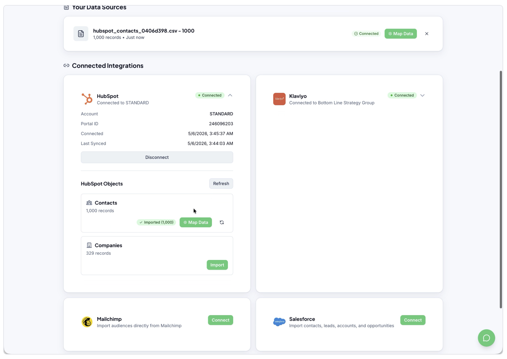 Web dashboard with cards and green action buttons on a white background