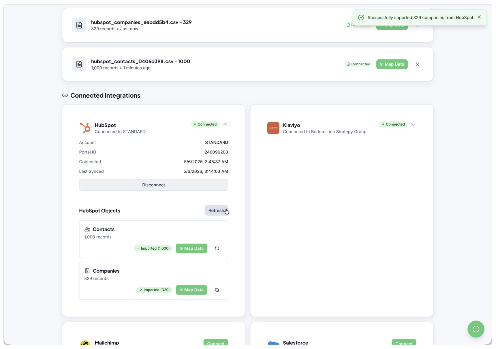 Dashboard with two app cards and green action buttons on a white interface