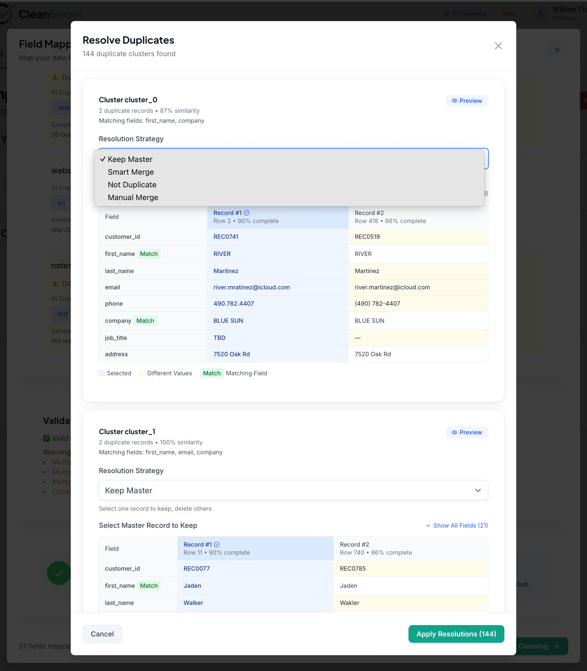 Modal with data table and dropdown menu.