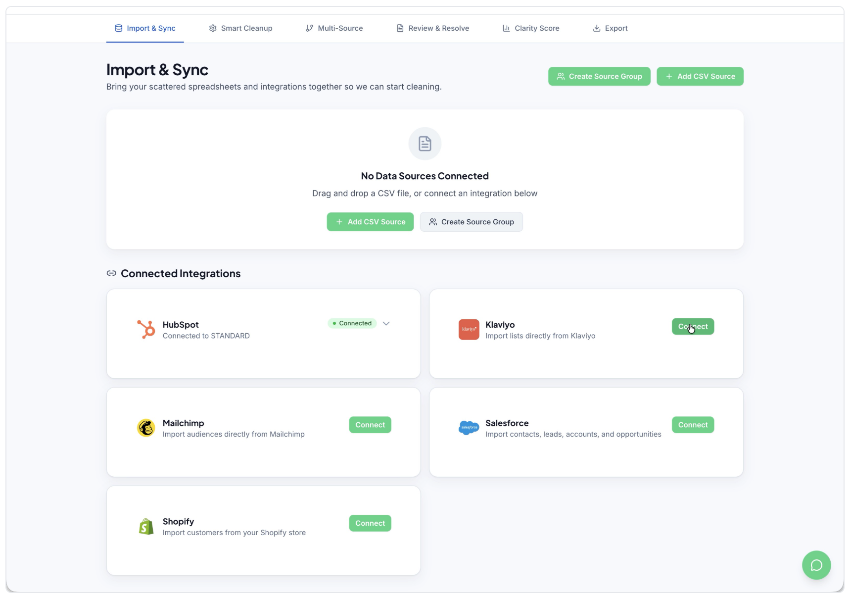 Import & Sync dashboard with green action buttons and several connected app cards on a white interface