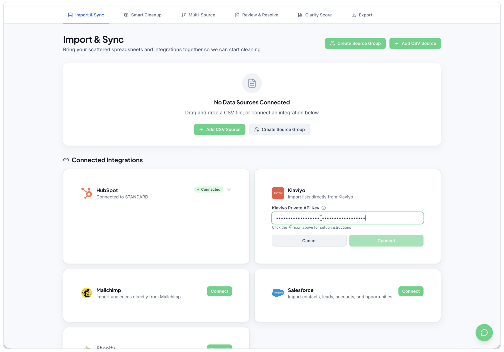 Import & Sync dashboard showing app integration cards and a connection setup panel
