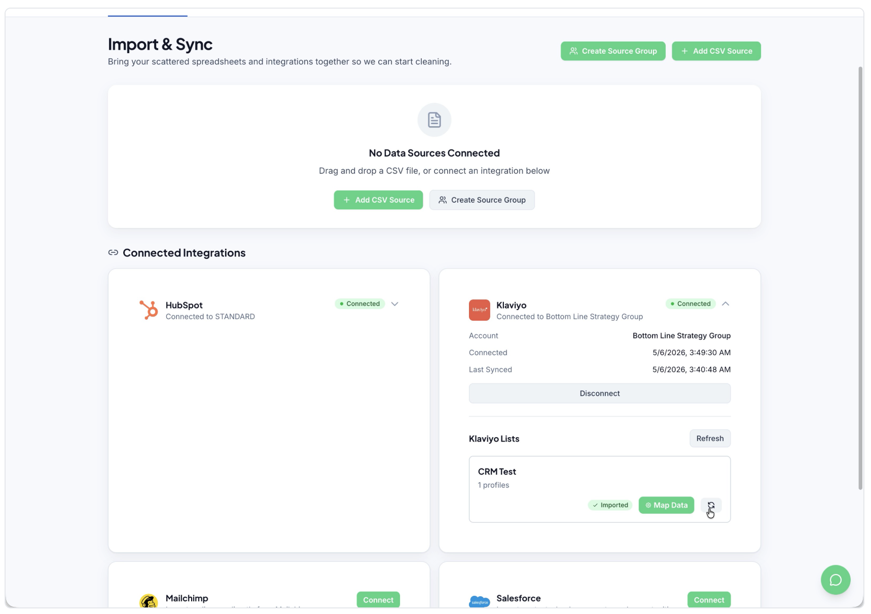 Import & Sync dashboard showing connected app cards and green action buttons on a white interface