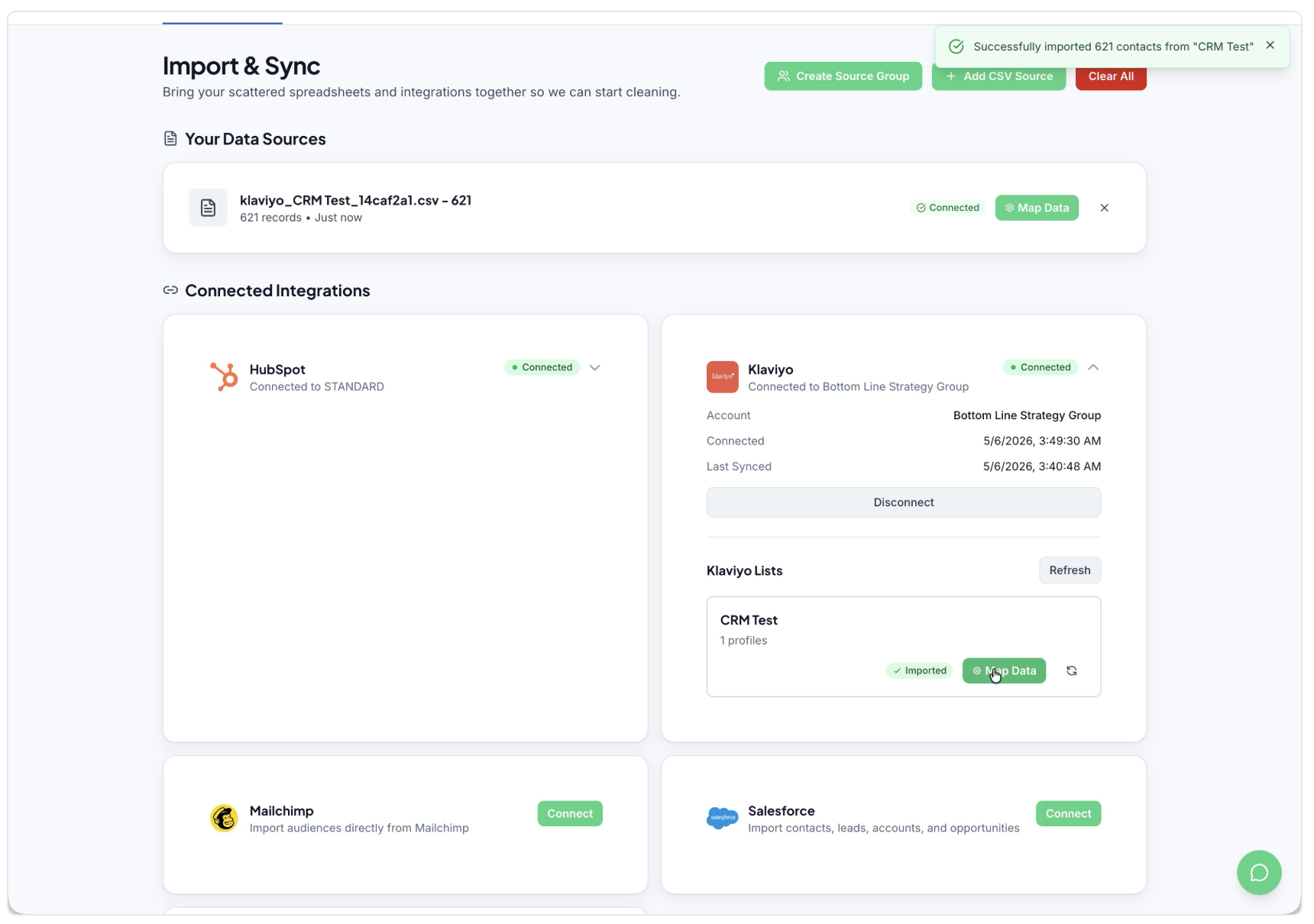 Dashboard for importing apps, showing connected apps and import options on a white interface.