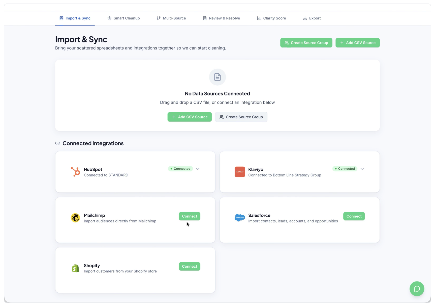 Import & Sync dashboard with app integration cards and green action buttons