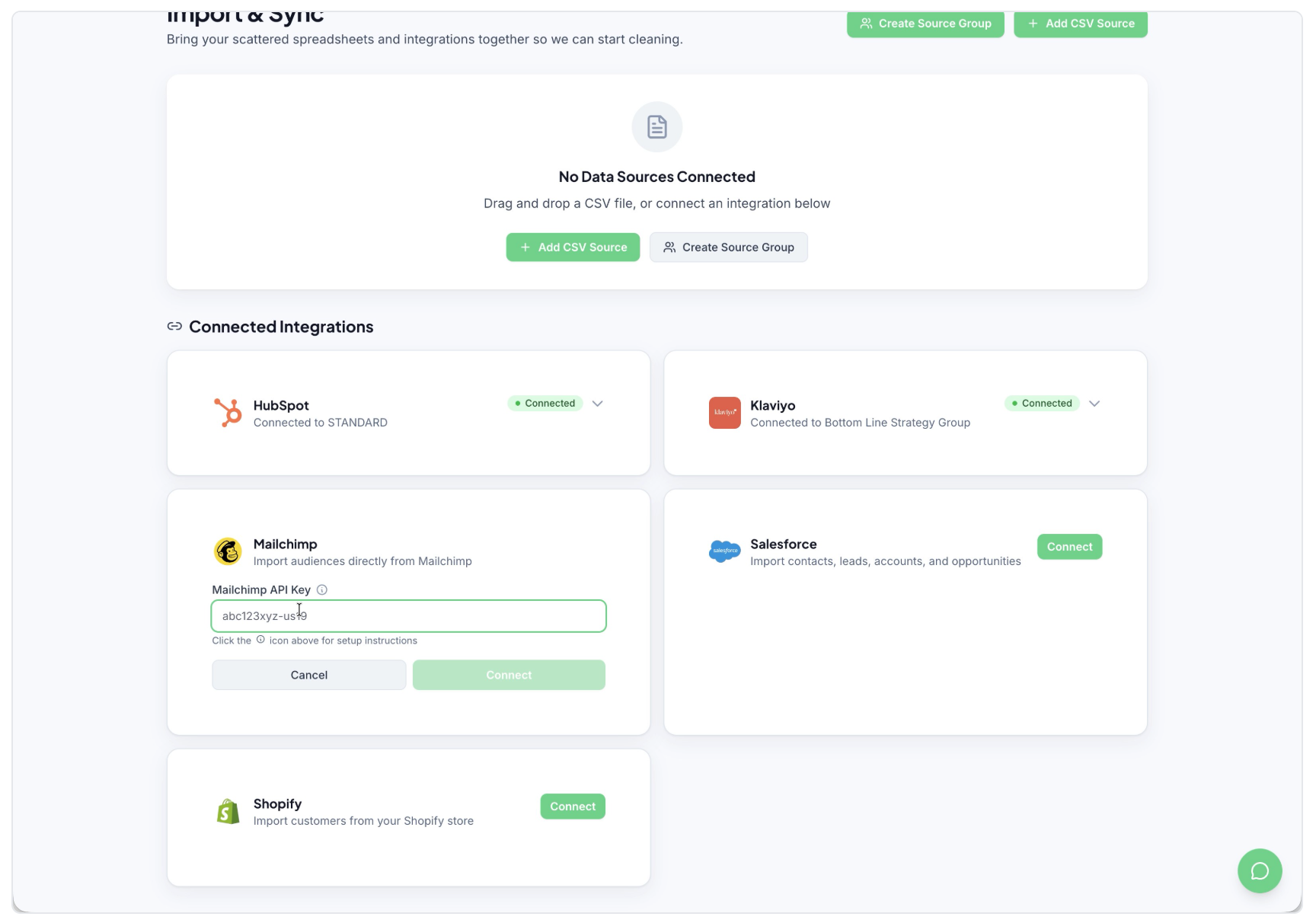 White dashboard with cards showing app integrations and green action buttons