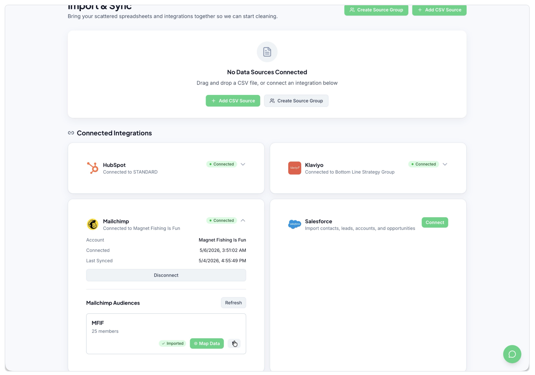 A web dashboard with cards, a central status panel, and green action buttons on a light background