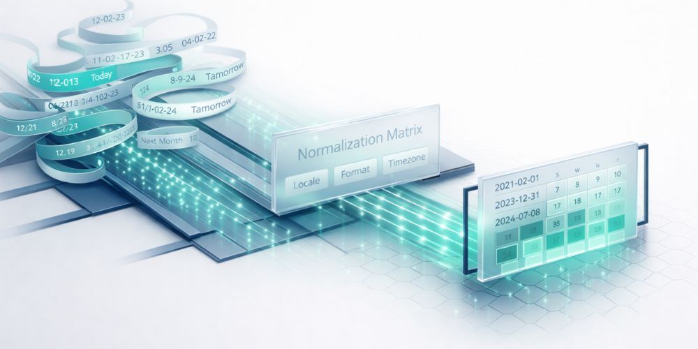 Abstract digital design with ribbons, interface elements, and calendar, glowing in teal and white.