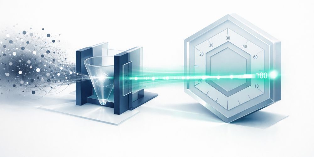 Scientific diagram: Particles passing through a funnel, with a laser beam hitting a hexagonal target labeled 
