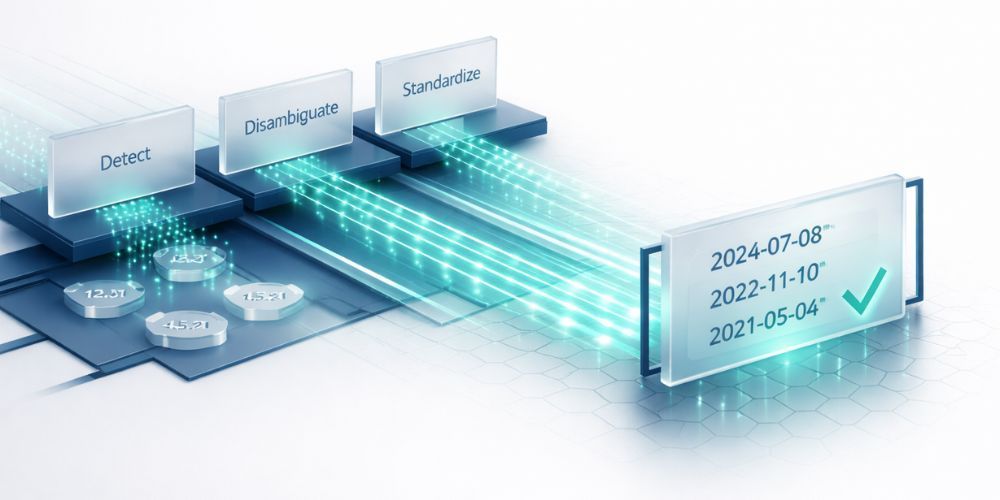 Data processing visualization: data flows from “Detect,” “Filter,” and “Standardize” to a data sheet with dates, one marked as complete.