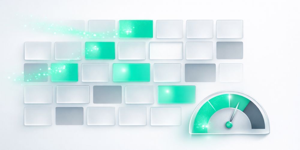 Abstract graphic with green and gray blocks and a gauge displaying a high value.