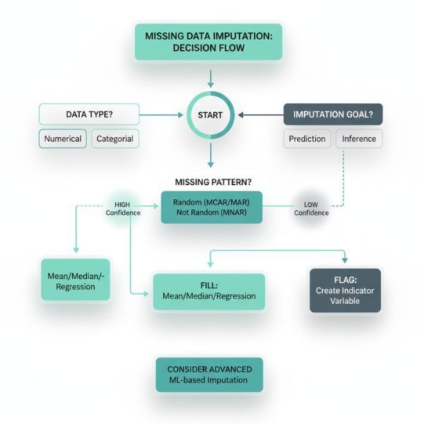 Flowchart for missing data imputation: considers data type, imputation goal, missing pattern, and uses methods like mean/regression.