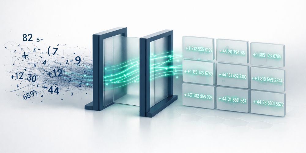 Abstract illustration of data transformation through a system. Numbers and data flow, changing from the left to a new form on the right.
