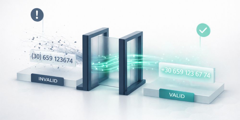Data validation concept: Invalid phone number transformed to valid one by a security gate.