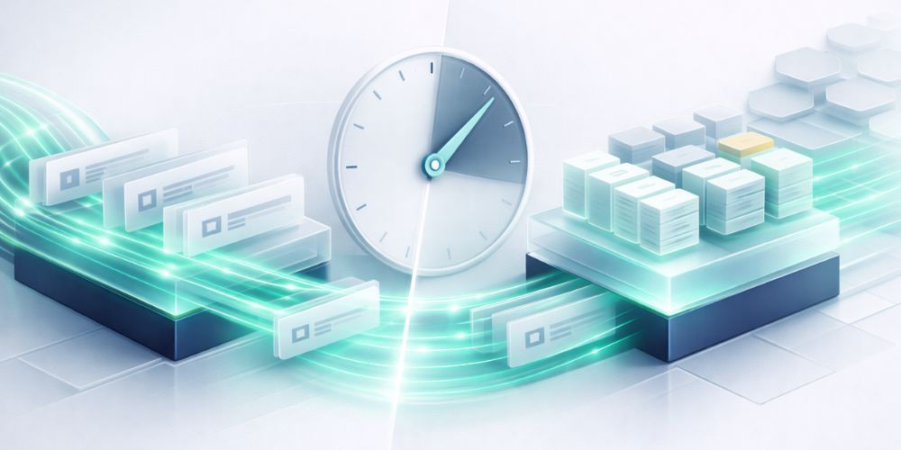 Clock with data streams and server blocks, suggesting efficiency and time management in technology.