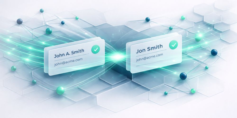 Two digital ID cards with checkmarks, connected by glowing lines.