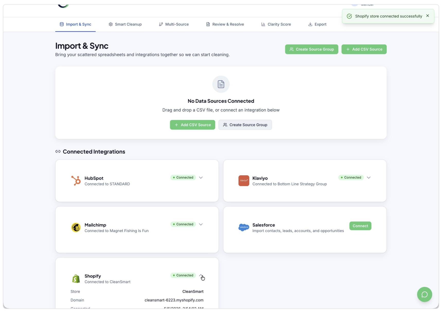 Web app “Import & Sync” dashboard showing connected app tiles and green action buttons.