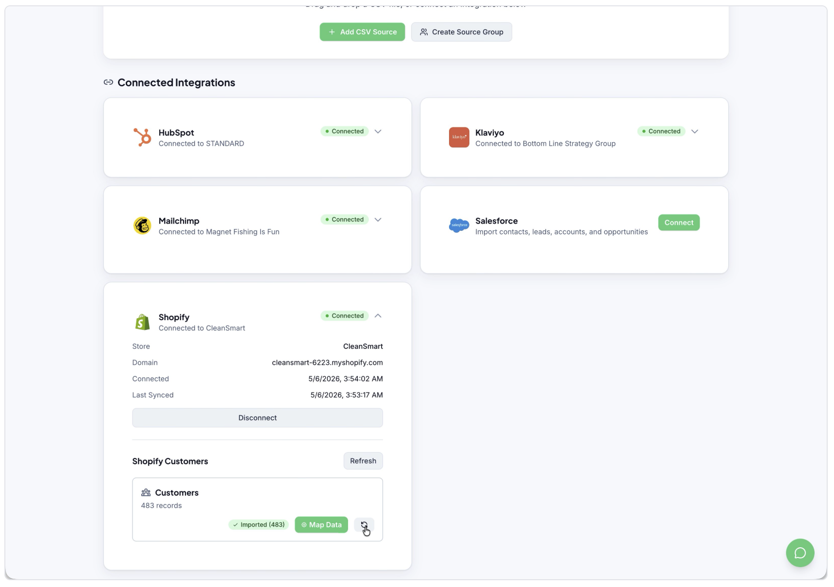 Dashboard showing service cards with status indicators and buttons in a clean white interface