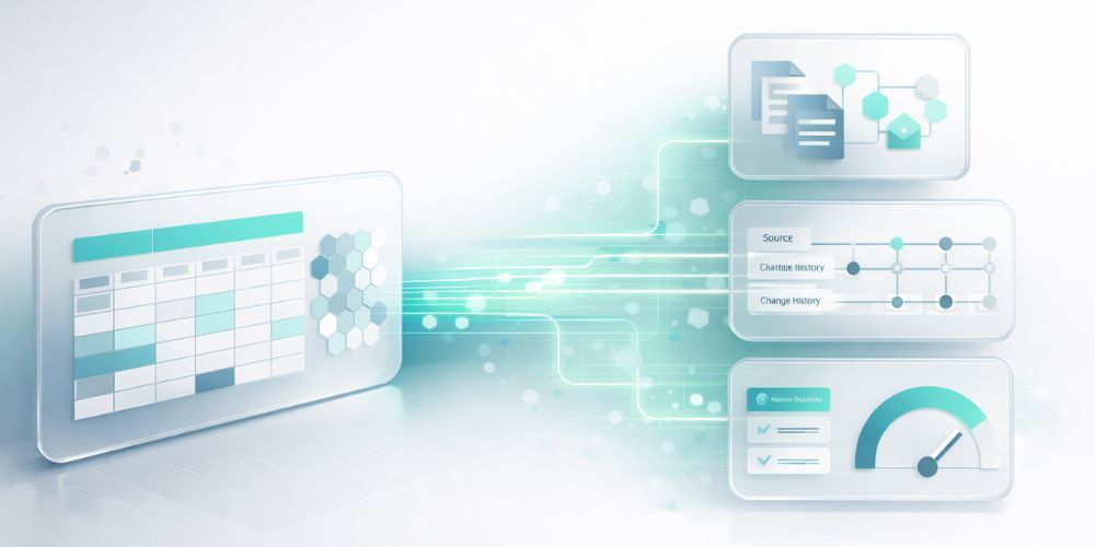Digital interface with a calendar, document flow, progress indicators, and a speedometer, in shades of teal and white.