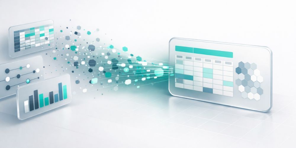 Data visualization showing data flowing from charts to a schedule board, all in a clean, modern style with teal and white hues.