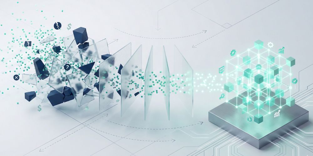 Abstract illustration of data transformation, with fragmented elements flowing toward a glowing cube on a platform.