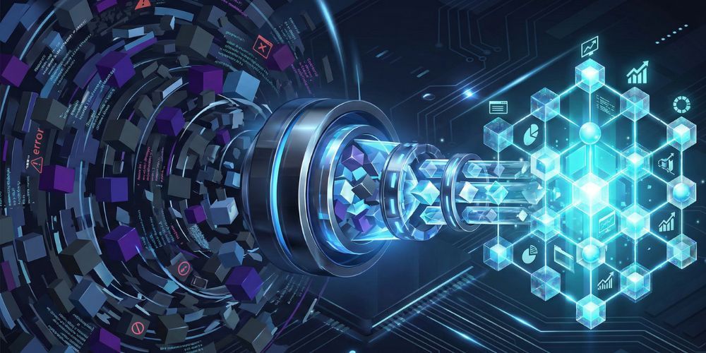 Abstract digital illustration of data transfer and technological innovation, glowing in blue.