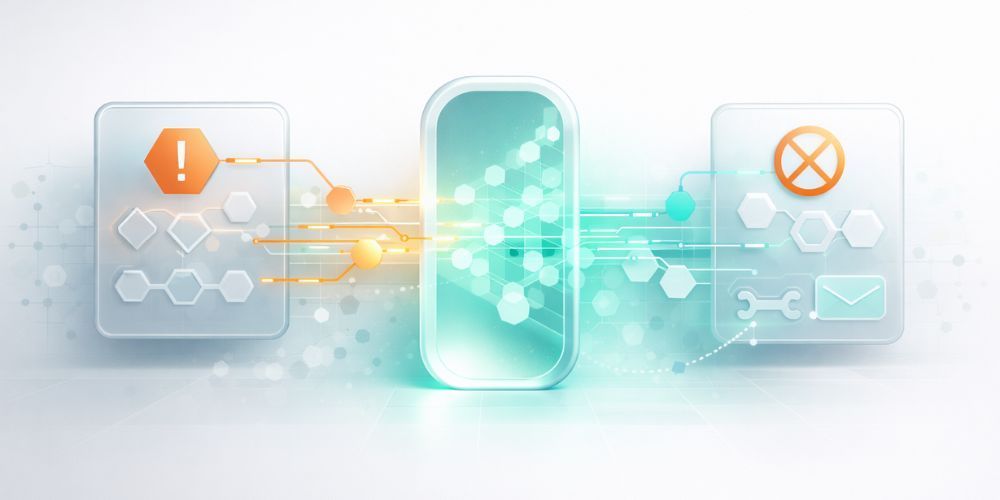 Abstract graphic depicting a central device communicating between two devices, each with an alert symbol.