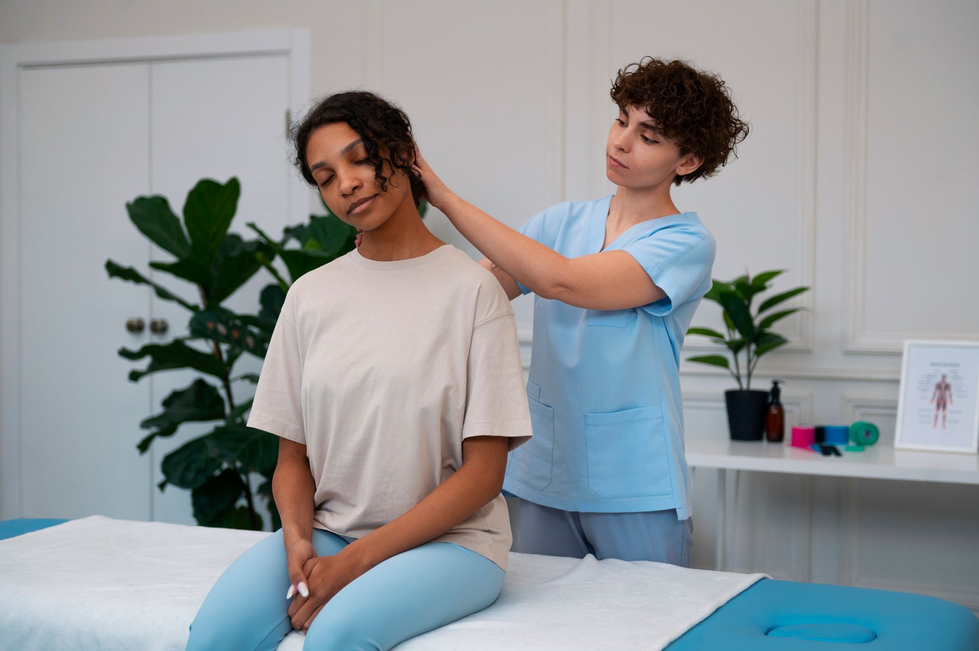 A woman is sitting on a massage table getting a massage from a nurse.